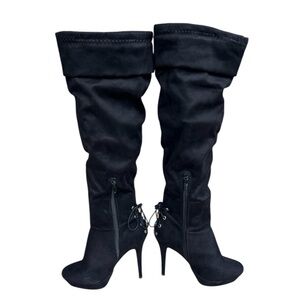 Thalia Sodi Black and Gold Over the Knee Boots